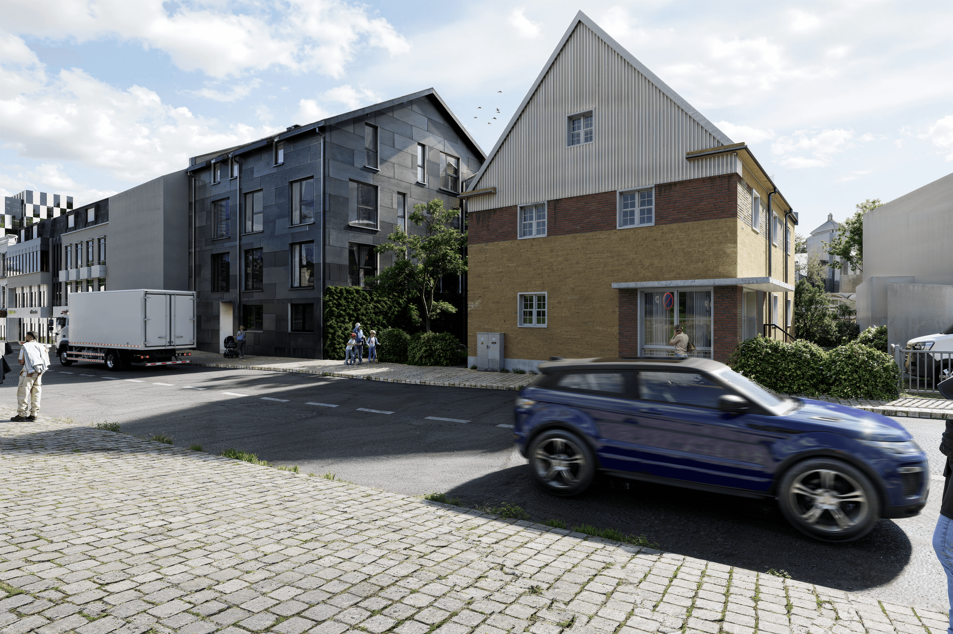 Straßenansicht der Bismarckstraße mit modernem Wohngebäude und umliegender Bebauung